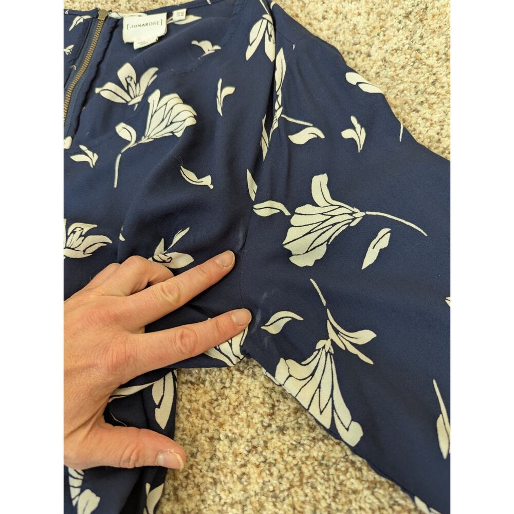 Juna Rose Blouse 3/4 Sleeve Navy White Floral Sheer Women's Size 14 - Picture 9 of 11
